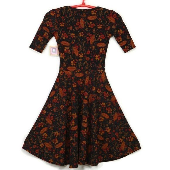 LuLaRoe Nicole Fit‎ & Flare A-Line Dress Black Gold Mustard Red Floral Leaves XS - Picture 2 of 12